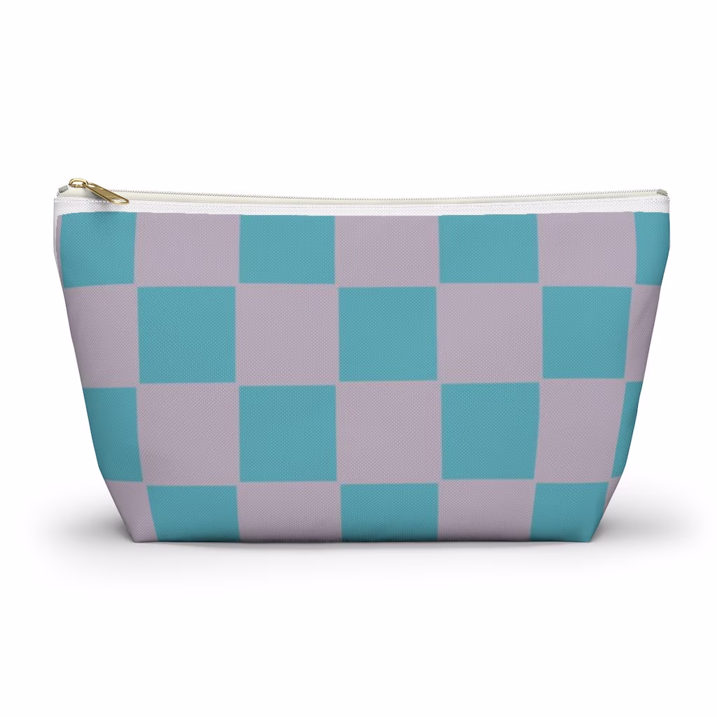 Checkerboard Pattern Makeup Cosmetics Pencil Travel Bag | Zippered Flat Bottom T-Bottom Pouch Xl, Small Gift Sizes Purple Teal