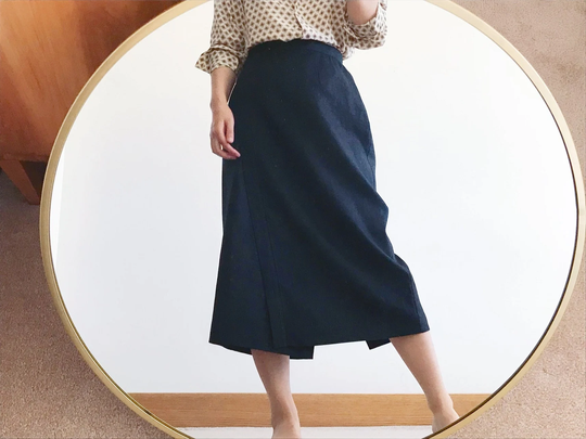 Vintage Linen Skirt Black Wrapped Pencil Minimalist 90 Retro Style Midi Capsule Wardrobe Size S/M