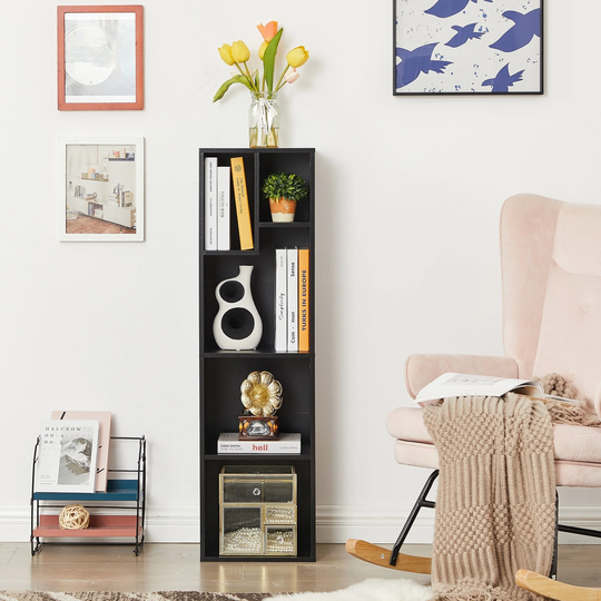 VECELO, 3-Tier Five Open Cube Wooden Bookcase Organizer, Bookcase / Book / Storage, White & Black