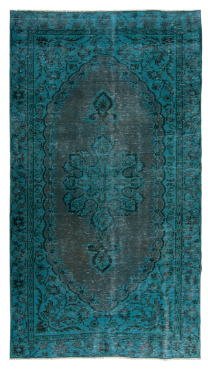Turkish Color Transition Teal Rug, Over Dyed Vintage Blue Green Area Wool Hand Knotted Carpet, Living Room 4.9x8.8Feet, 150x269 cm