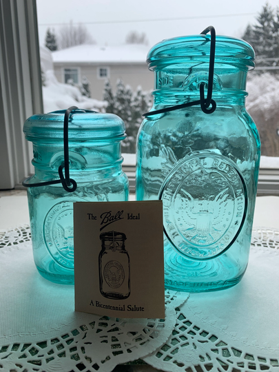 Vintage Ball Ideal Bicentennial Quart & Pint Glass Aqua Wire Bail Jars- One Original Lid - Not Mason Jar Storage. Ships Fast Label
