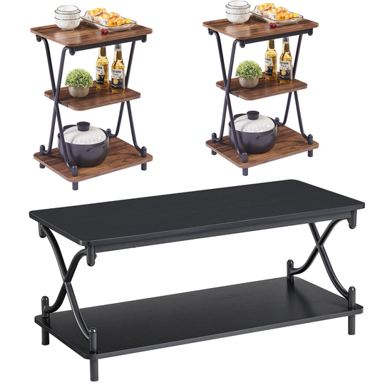 Mid-Century Modern 3 Piece Coffee Table and Side Table Set of 2