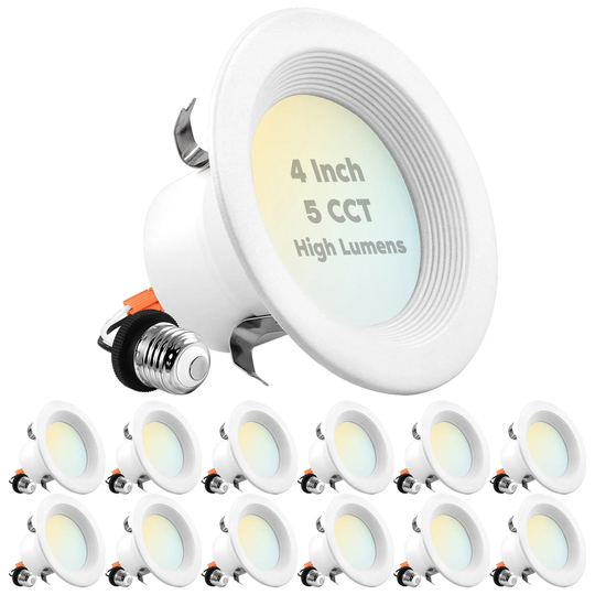 Luxrite 12-Pack 4" LED Recessed Lights, 14W=75W, 5 Color Options, 950 Lumens, Dimmable, Wet Rated,Baffle Trim
