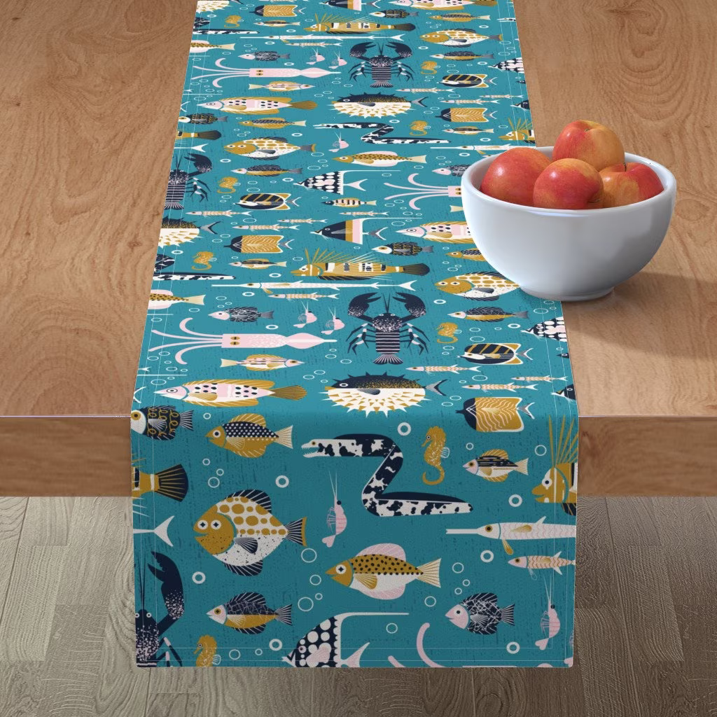 Ocean Life Table Runner - Bluest Lagoon By Appleyards Coastal Beach Teal Aqua Mustard Nautical Cotton Sateen Spoonflower