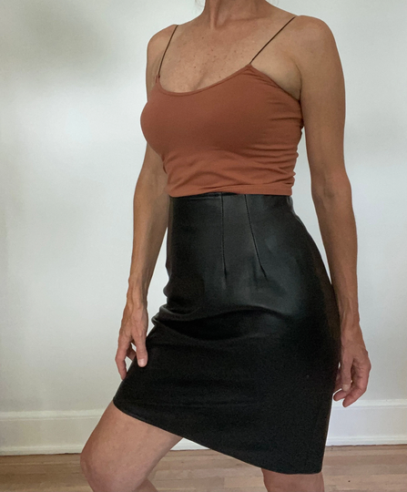 Vintage High Waist Black Leather Mini Pencil Skirt 80S 90S Cache Womens Measures 27 28 Hw Fits Size 6 Usa