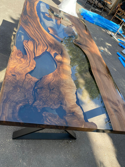 Epoxy Table, Dining Walnut River Custom 84" X 42" Wood Smokey Gray Table Order For Schaun