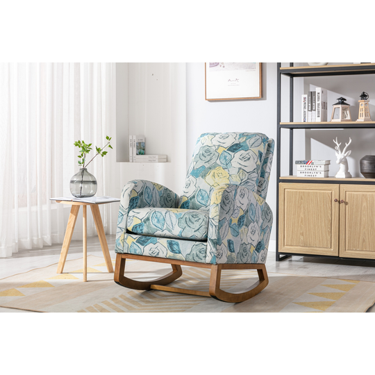 Modern Upholstered Rocking Chair with High Back & Wood Base, Comfortable Nursery Rocking Accent Chair for Living Room Bedroom