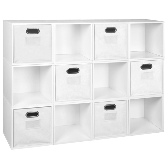 Noble Connect Storage Set - 12 Cubes and 6 Canvas Bins- White Wood Grain/White