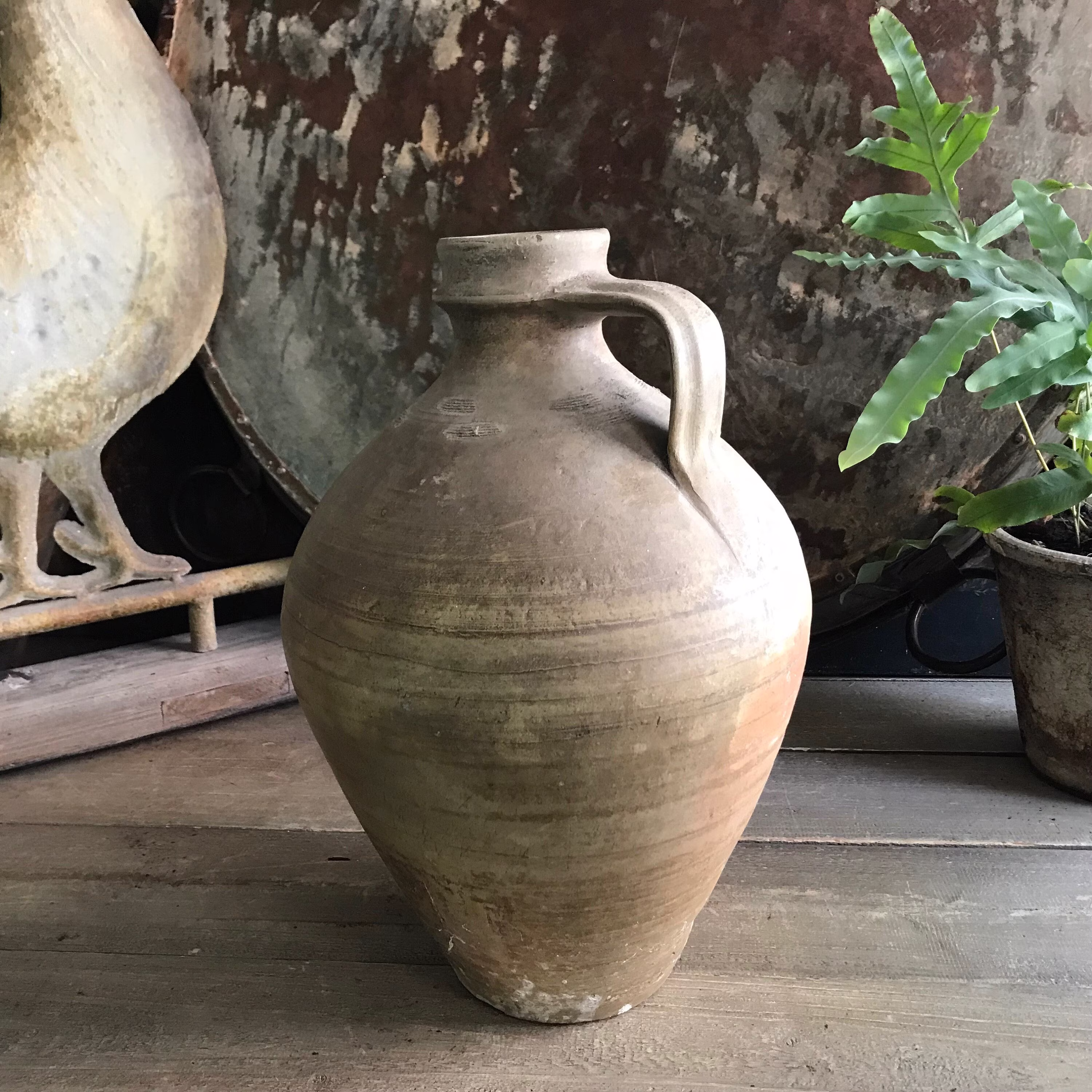19Th C Pottery Jug, Rustic Pitcher, Olive Terracotta, European Farmhouse, Farm Table, Art