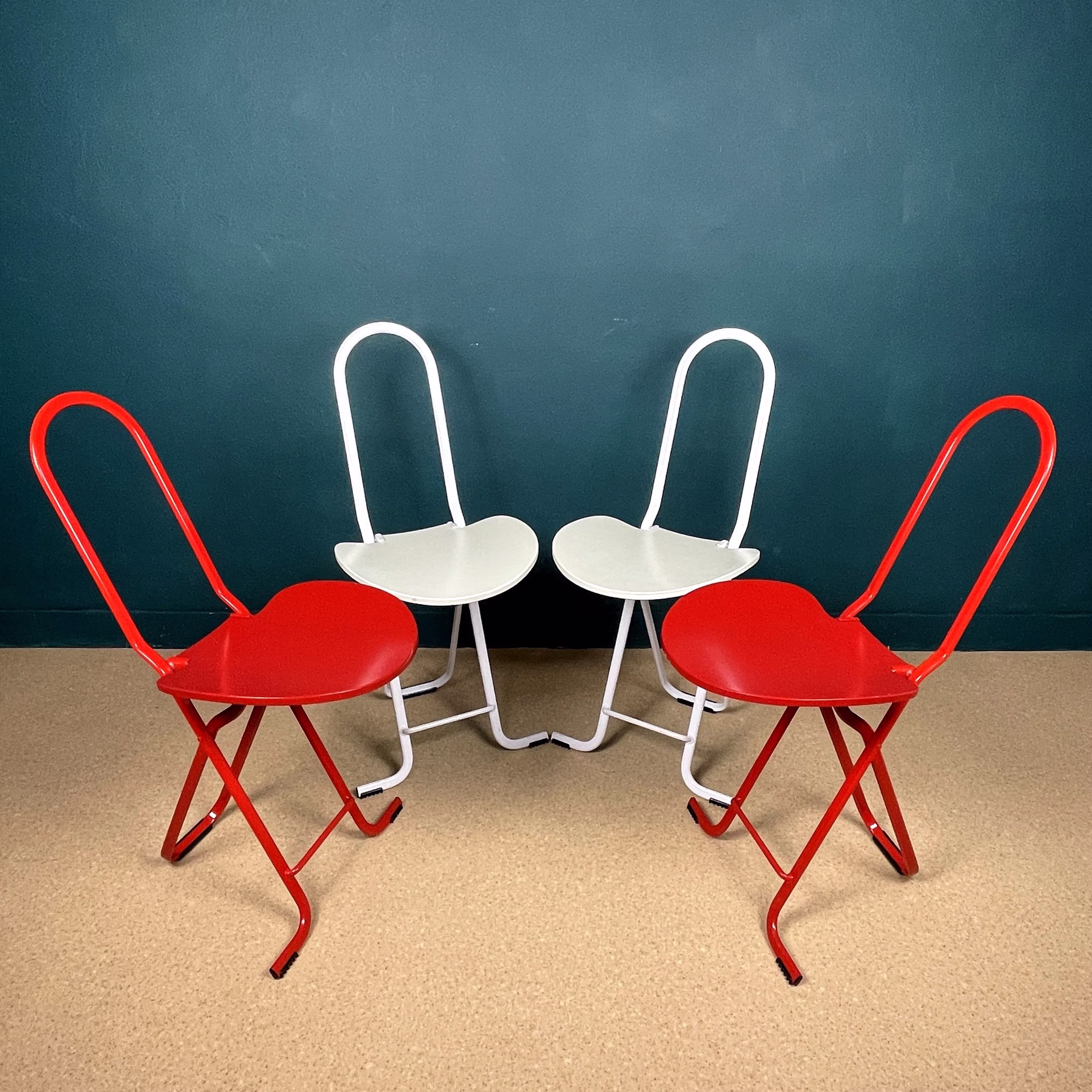 Set Of 4 Folding Chairs Dafne By Gastone Rinaldi For Thema Italy 1980S Red & White Dining