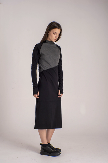 Color Block Half-Turtleneck Goth Dress, Casual Gray-Black Winter Avantgarde Modern Maxi Day Fall Steampunk Dress