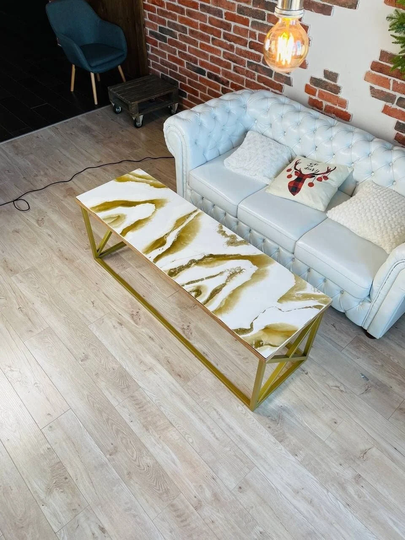 Epoxy Marble Gold Table, White Pattern Glass Modern Coffee Resin Ocean Table