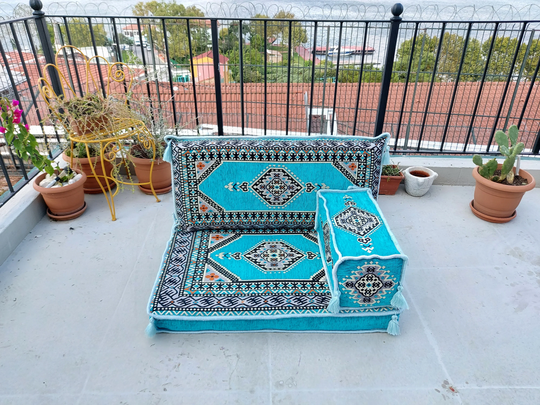 Turkuoise Pallet Sofa, Floor Cushions, Loveseats, Sectional Arabic Sofa Seating Set, Moroccan Sofas, Kilim Rug Design