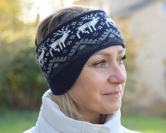 Men & Women Headband With Ears Nordic Woolen Head Bandage Fair Isle Icelandic Pattern Navy Jacquard Ear Warmer Reindeer Woollana