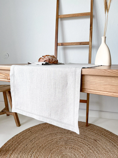 Natural Table Runner in Beige, Hemstitch Linen Runner, Oatmeal Cloth Farmhouse Dresser