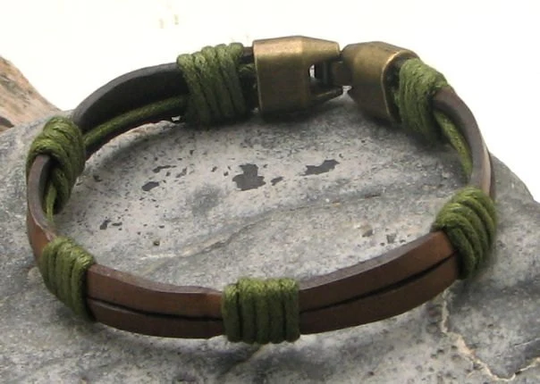 Gift For Dad. Men's Leather Bracelet. Brown Double Flat Straps Bracelet With Antique Brass Plated Clasp. Boyfriend