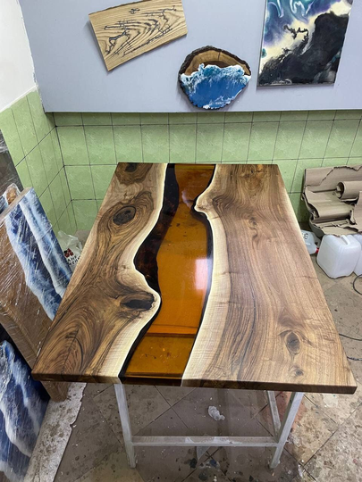 Epoxy Dining Table, Center Live Edge Walnut Custom Order, Resin River Natural Wood, Kitchen Tables