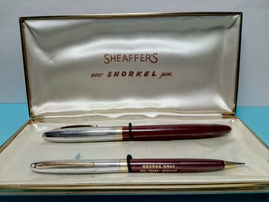 Vintage Shaeffer's Snorkel Pen & Pencil Set-White Dot-Engraved Service Award With Original Box Instructions