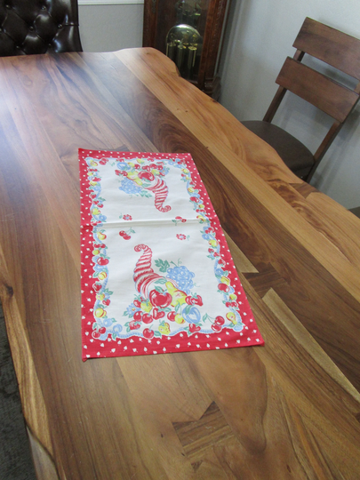Vintage Runner- Table- Dresser Scarf- Block Print - Cherries- Strawberries Primitive-Country-Farm House- Primary Colors