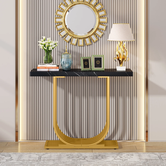 Modern Console Table, Faux Marble Entryway Foyer Table, Sofa Accent Table with Gold Metal Legs