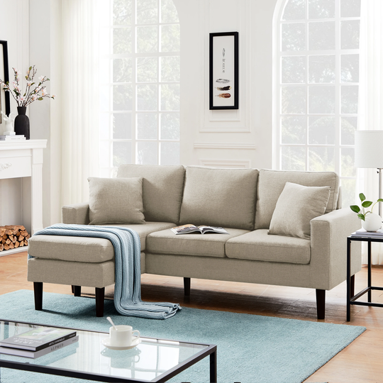 72" Reversible Sectional Sofa with Ottoman, L-Shape Solid Wood Frame Living Room Sofa with 2 Pillows for Small Space
