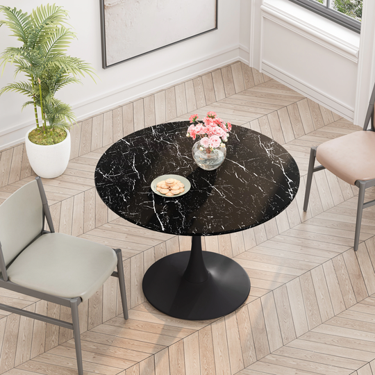 42.12"Modern Round Dining Table with Printed Black Marble Table Top