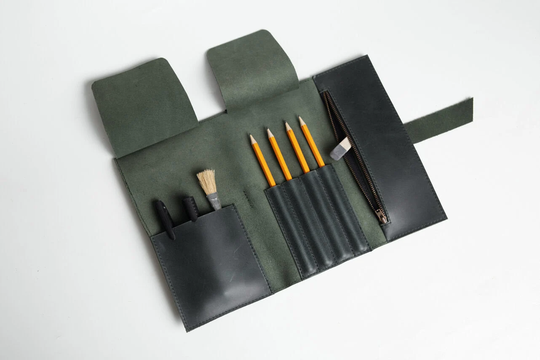 Personalizated Gift Artist/Painter, Leather Paint Brush Roll, Pencil Case Holder, Green & Pen Roll Up, Minimalist Art Gift For Men