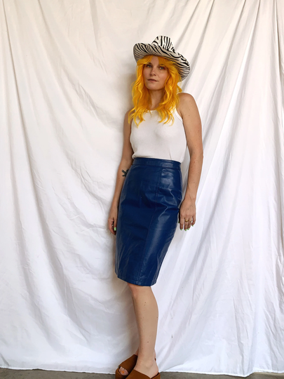 80S Cobalt Blue Leather Pencil Skirt