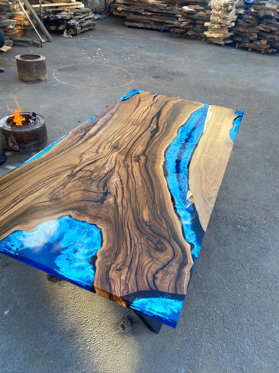 Live Edge Table, Epoxy Custom 84" X 42" Walnut Blue & White Swirls Ocean Dining River Order For Joseph