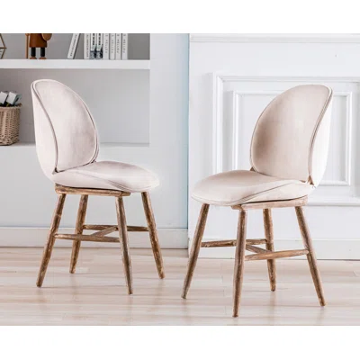 Farmhouse Dining Chairs Set Of 2 French Country Dining Room Chairs Vintage Fabric Upholstered Chair With Oval Back Natural Wood Legs, Beige 2 PCS