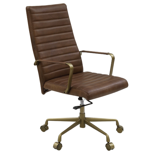 Office Chair with Leather Seat and Channel Stitch, Brown