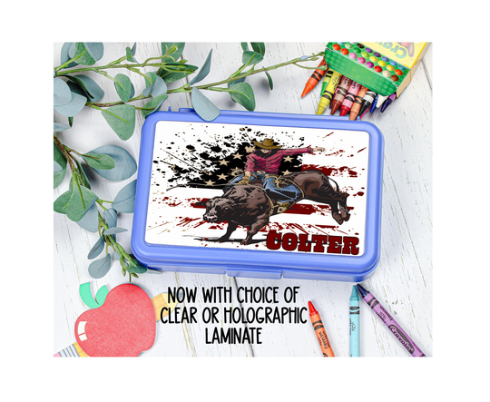 Western Cowboy Rodeo Bull Rider Personalized Pencil Box Kids American Flag Back To School Supplies