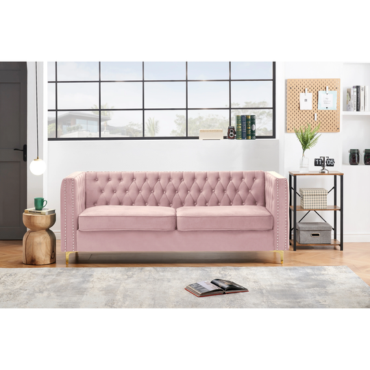 Chesterfield Velvet Thick Padded Seat Three-seat Sofa Backrest-height Armrests Sofa with Nail Head Decorate & Gold Metal Feet