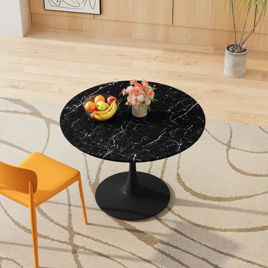 EYIW 42.12"Modern Round Dining Table with Printed Black Marble Table Top,Metal Base Dining Table
