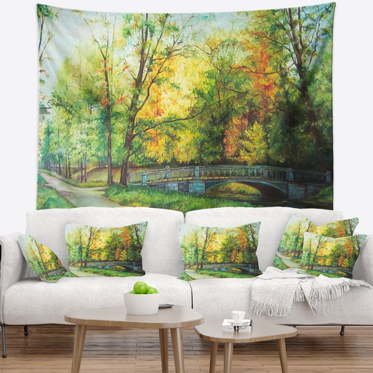 Designart 'Bridge in Colorful Forest' Landscape Painting Wall Tapestry