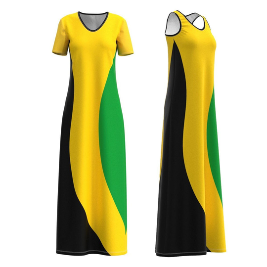 Jamaica Curve Flag Color Black Green Gold Yellow Jamaican Pride Modest Long Maxi Dress Short Sleeve Sleeveless