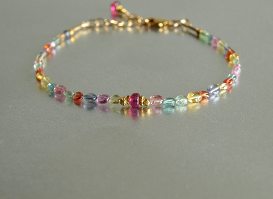 Sapphire Bracelet, Colorful Natural Small Sapphire Ovals With Blue, Green, Pink Tourmaline, Gold Beads, Carnival Luxe Chic Women's Jewelry