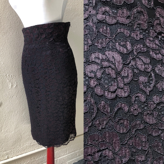 90S Floral Black Plum Lace Sheer Layered Fitted Pencil Skirt Vlv Rockabilly Pin Up 50S 1990S 1950S Vintage Size S M 6 Dark Purple Tint