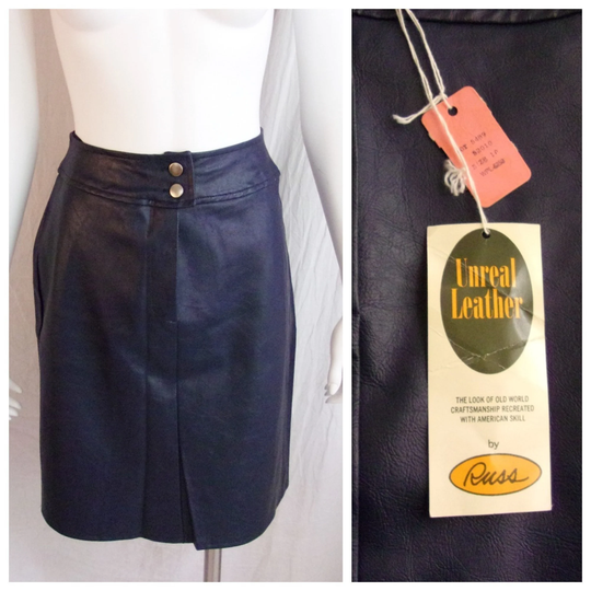 Vintage 1970S Skirt Blue Faux Leather Pencil Nwt Deadstock Xs