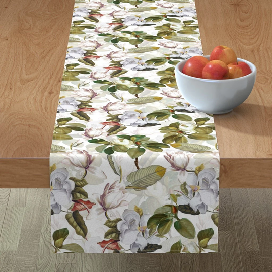 Magnolia Chintz Table Runner - Blossoms By Utart Vintage Magnolias Victorian Floral Cotton Sateen Spoonflower