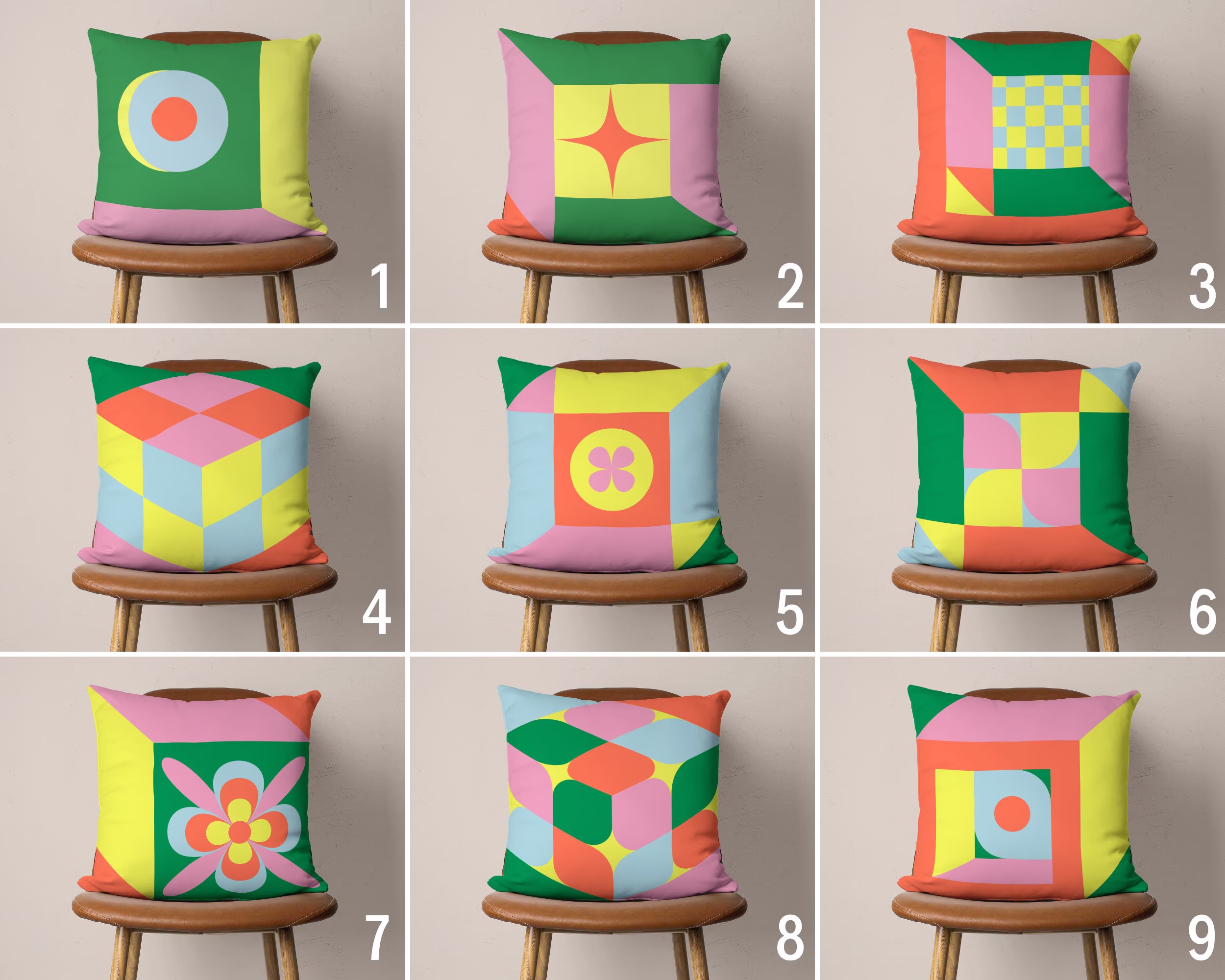Colorful Geometric Pillow Case, Retro Pastel Colored Cover, Abstract Cushion Pink Yellow Green & Orange Decor, Gift For Her