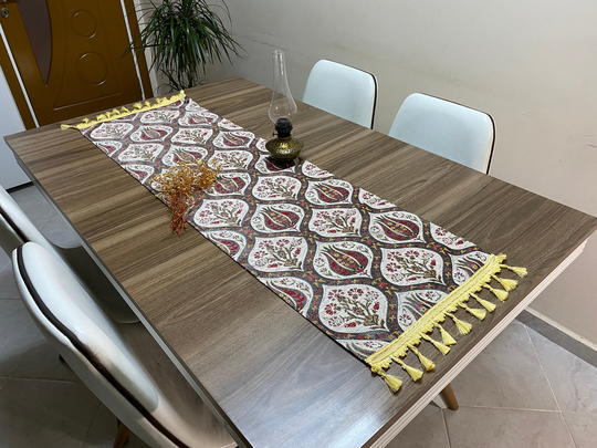 Cream Tulip Pattern Turkish Coffee Table Cloth Runner, Carnation Boho Wedding Oriental Diner Runner Cloth, Rnr263