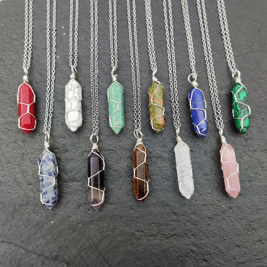 Hexagon Healing Point Wire Wrapped Necklace, Crystal Pointed, Amethsy Lapis Howlite Pencil Necklace Jewelry Y573