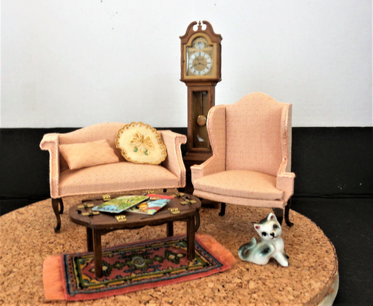 Vintage Living Room Settee, Chair, Grandfather Clock, & Table