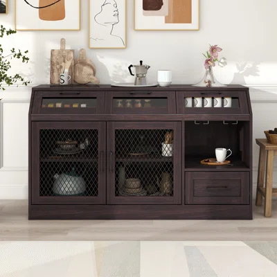 Espresso Wood Sideboard,Buffet Cabinet With 4 Drawers,Mesh Metal Doors, Adjustable Shelves And Wineglass Holders