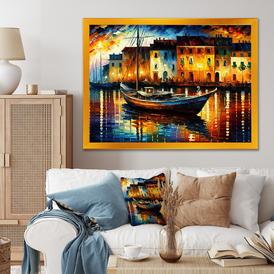 Designart 'Colorful Port With Fishing Boat I' Cityscapes Framed Art Print