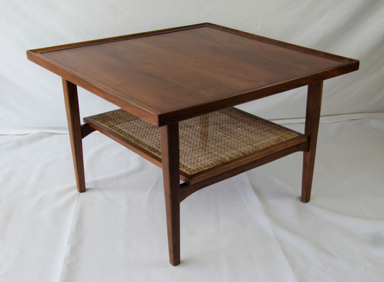 Mid Century Modern Walnut Side Table Or End With Cane Shelf By Kipp Stewart For Drexel Declaration Series