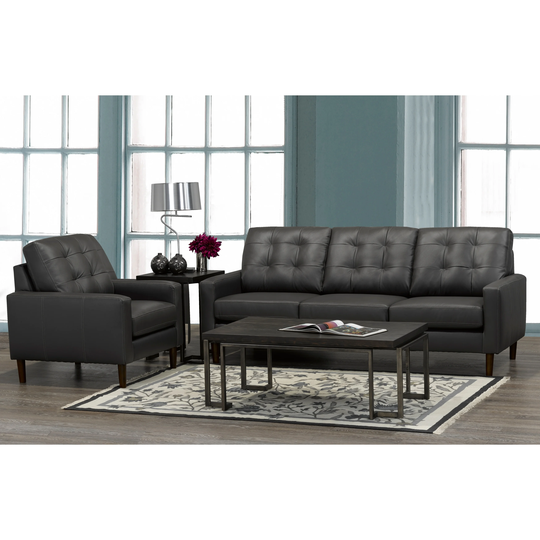 Gunner Mid Century Modern Dark Grey Top Grain Italian Leather Tufted Sofa and Chair
