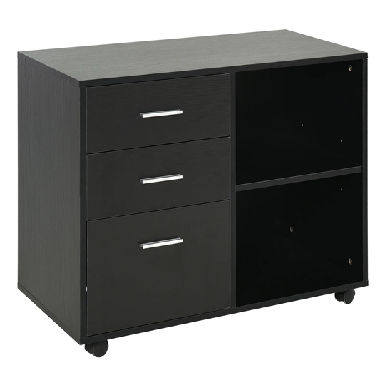 HOMCOM Indoor Office Filing Cabinet with 3 Storage Drawers, Open Shelving, & 4 Caster Wheels for Easy Rolling