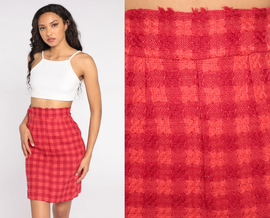 Plaid Pencil Skirt 80S Wool Mini Wiggle Red Checkered High Waisted School Girl Preppy Check Retro Vintage Secretary 1980S Extra Small Xs